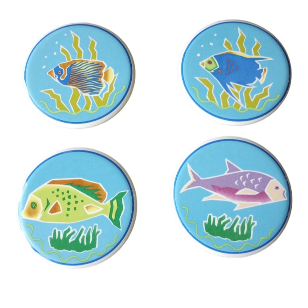Set of 4 Colorful Fish Ceramic Coasters w/ Cork Base ~~Wonderful set~~
